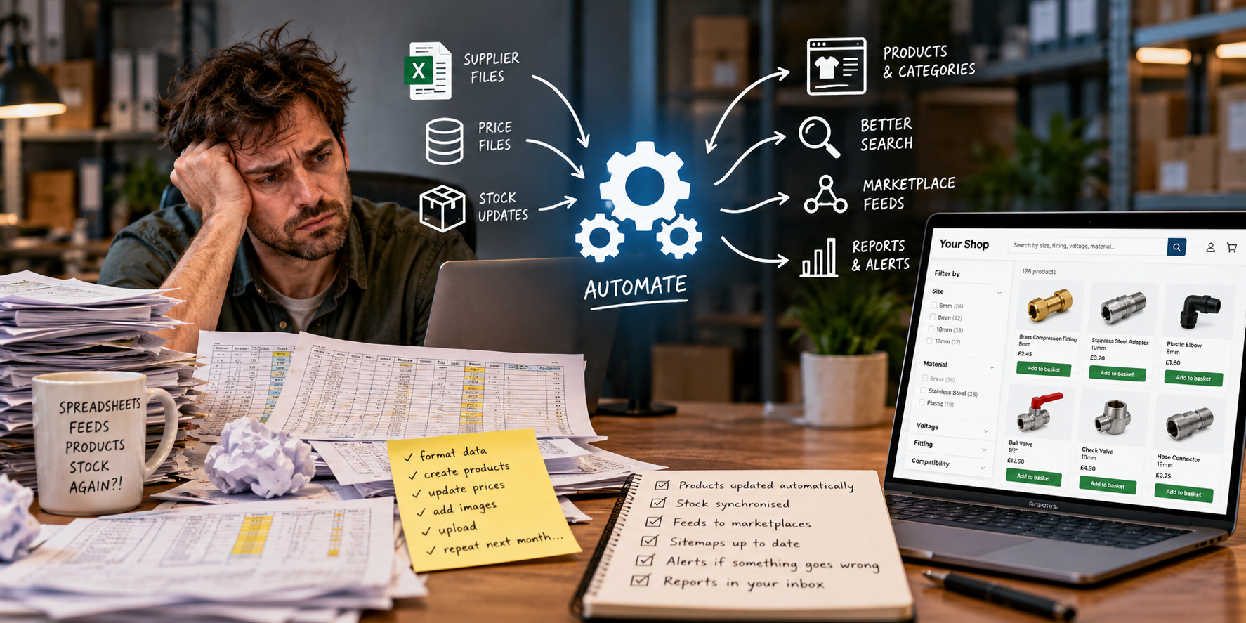 Stressed shopkeeper at a desk of spreadsheets, with a diagram showing supplier files automated into a tidy online shop